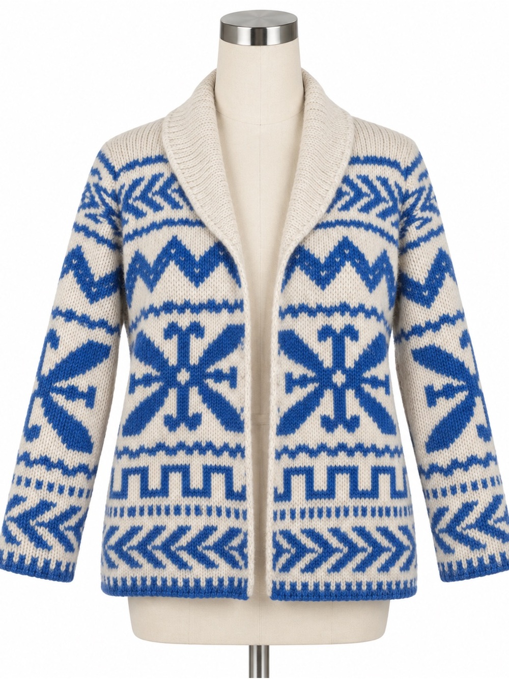 Taelynn‎ Cardigan Sweater Womens Large White Blue Fair Isle Knit Open Collar